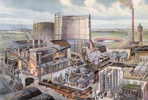 Dwarsdoorsnede van een gasfabriek door August Dressel